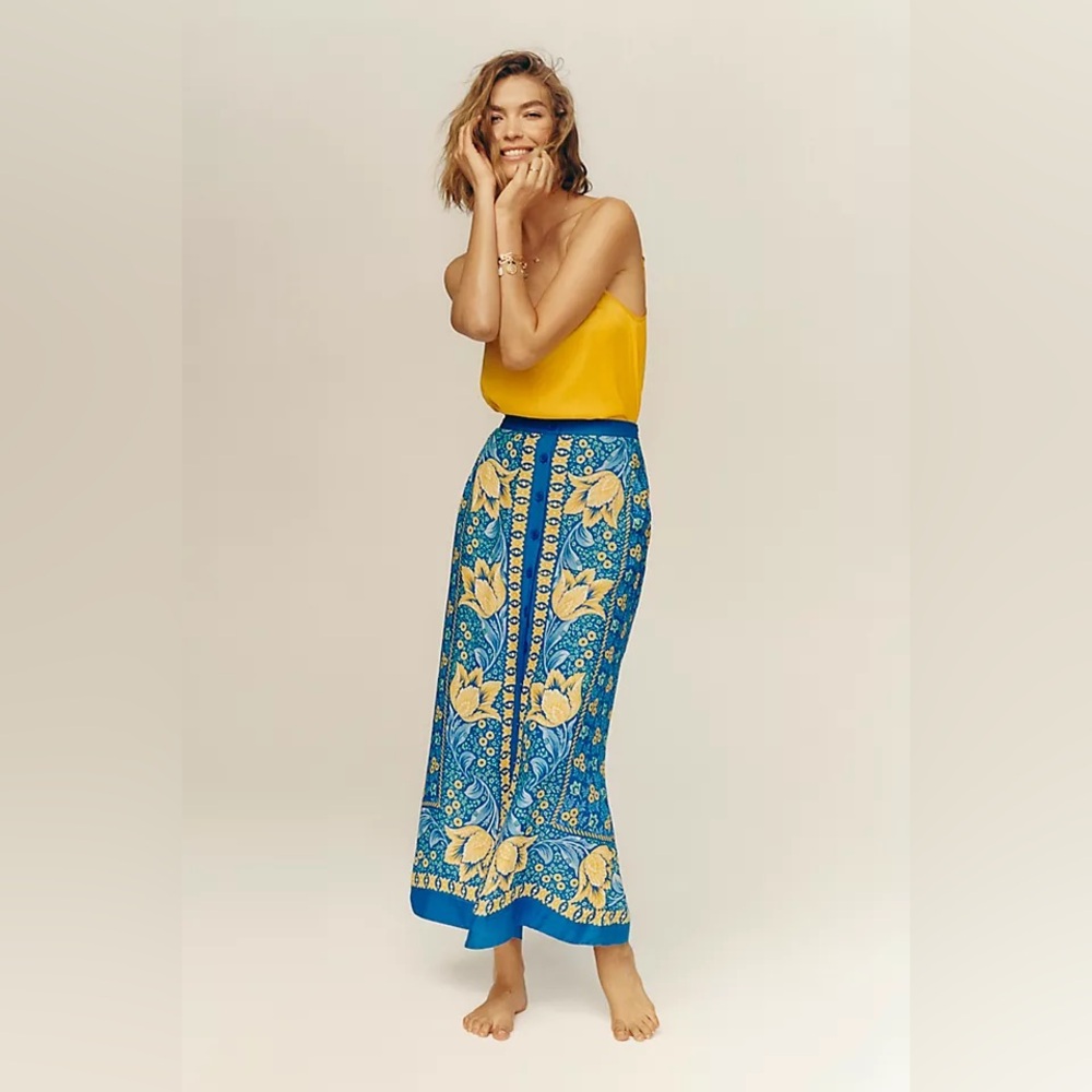 Anthropologie Maeve Blue Buttoned CORNELIA Floral Print Maxi Skirt 🌺